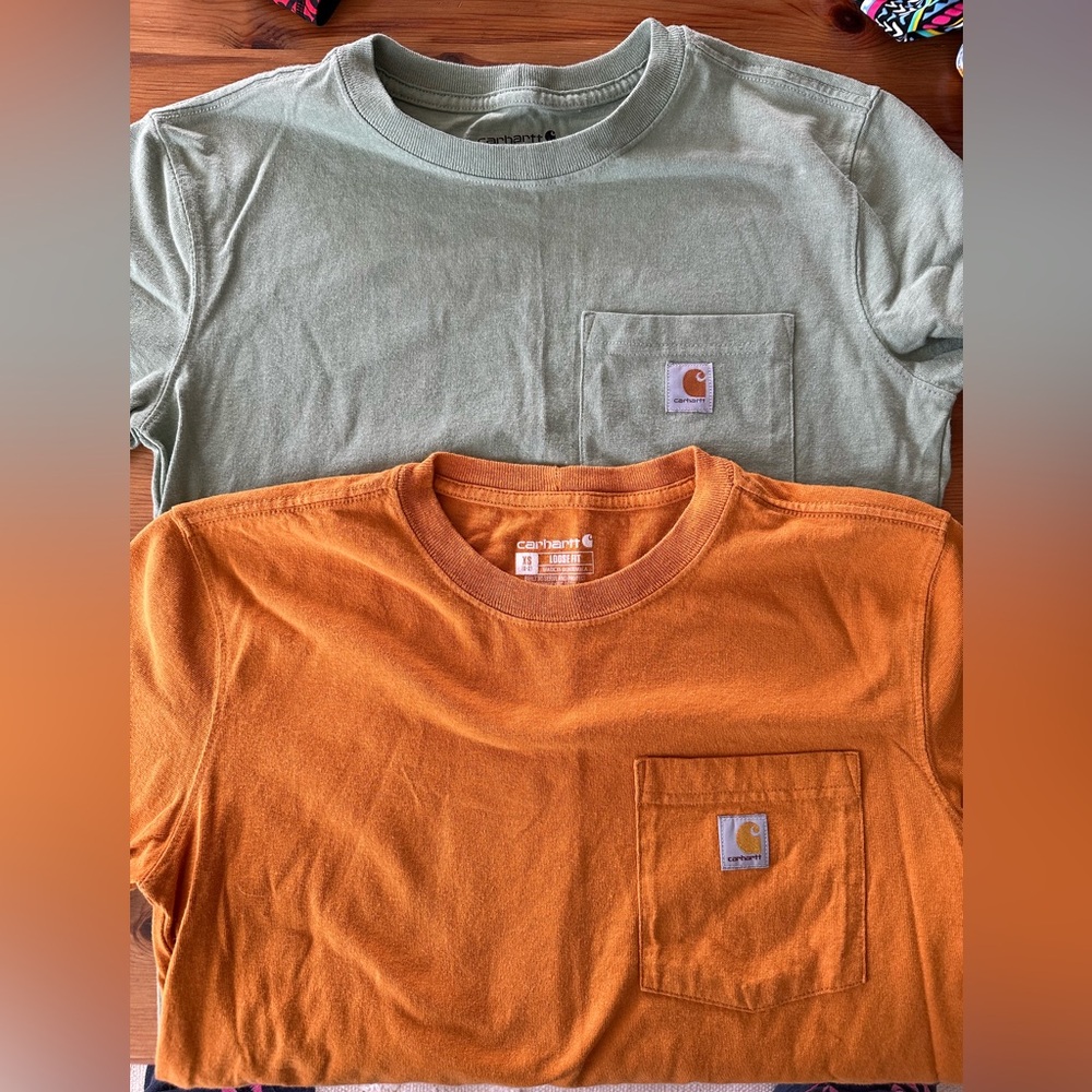 Carhartt Women’s Mint Green and Rust Orange Loose Fit T-shirts- XS